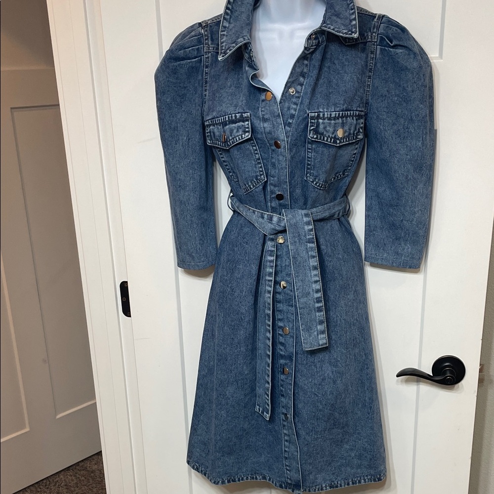 Denim Midi Shirt Dress with Belt - Blue